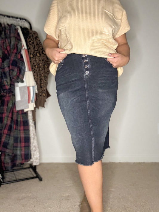 Dark Wash Button-Front Denim Skirt
